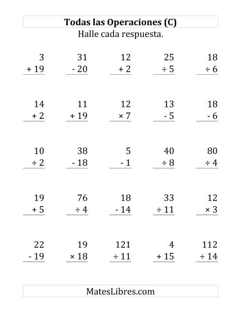 La hoja de ejercicios de 25 Ejercicios de Suma, Resta, Multiplicación y División (de 1 a 20) (C)