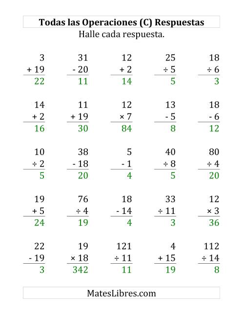 La hoja de ejercicios de 25 Ejercicios de Suma, Resta, Multiplicación y División (de 1 a 20) (C) Página 2