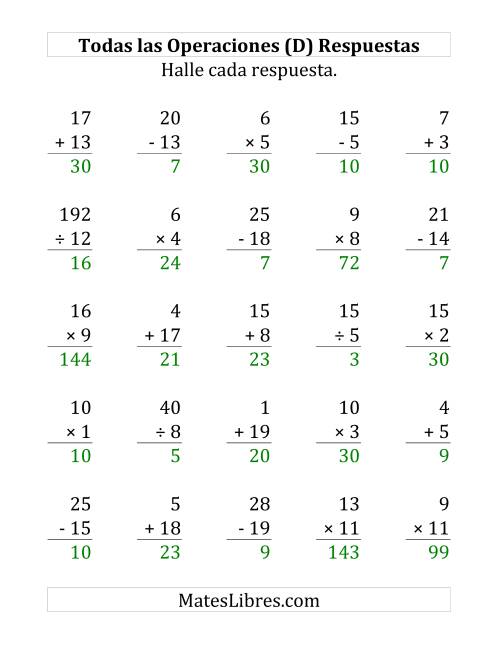 La hoja de ejercicios de 25 Ejercicios de Suma, Resta, Multiplicación y División (de 1 a 20) (D) Página 2