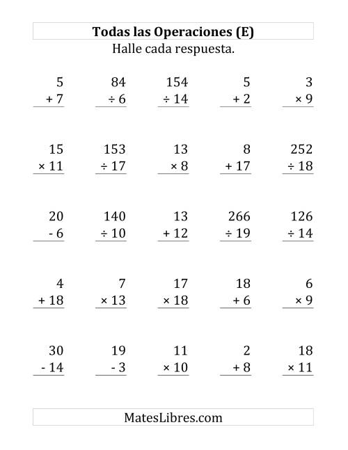 La hoja de ejercicios de 25 Ejercicios de Suma, Resta, Multiplicación y División (de 1 a 20) (E)