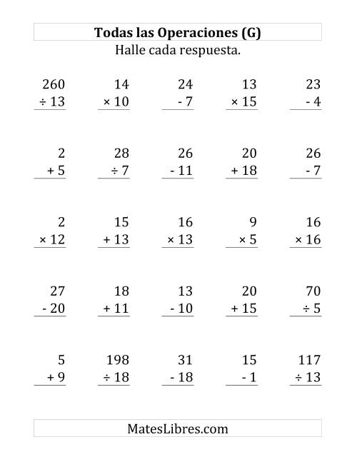 La hoja de ejercicios de 25 Ejercicios de Suma, Resta, Multiplicación y División (de 1 a 20) (G)
