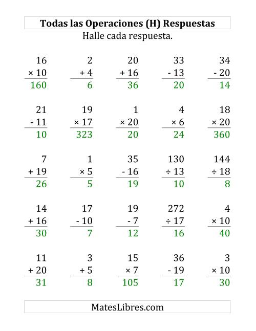 La hoja de ejercicios de 25 Ejercicios de Suma, Resta, Multiplicación y División (de 1 a 20) (H) Página 2