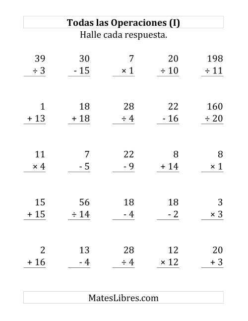 La hoja de ejercicios de 25 Ejercicios de Suma, Resta, Multiplicación y División (de 1 a 20) (I)