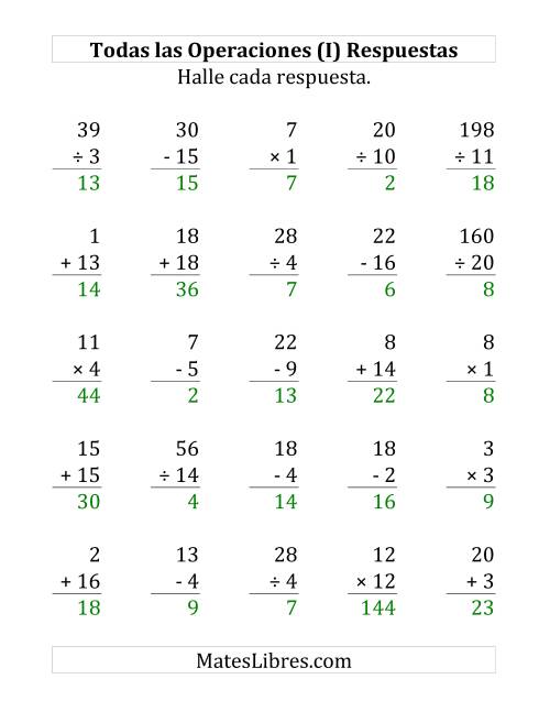 La hoja de ejercicios de 25 Ejercicios de Suma, Resta, Multiplicación y División (de 1 a 20) (I) Página 2