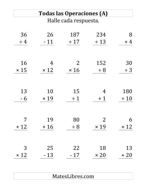 La hoja de ejercicios de 25 Ejercicios de Suma, Resta, Multiplicación y División (de 1 a 20) (Todas)