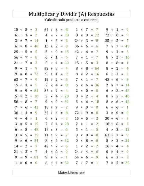 La hoja de ejercicios de 100 Preguntas Horizontales de Multiplicación y División (de 0 a 9) (A) Página 2