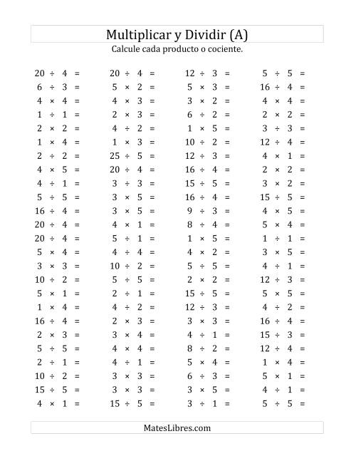 La hoja de ejercicios de 100 Preguntas Horizontales de Multiplicación y División (de 1 a 5) (A)