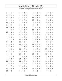 100 Preguntas Horizontales de Multiplicación y División (de 1 a 7)