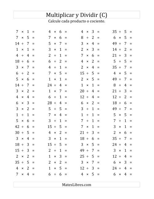 La hoja de ejercicios de 100 Preguntas Horizontales de Multiplicación y División (de 1 a 7) (C)