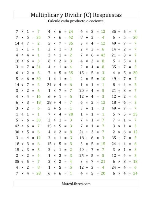 La hoja de ejercicios de 100 Preguntas Horizontales de Multiplicación y División (de 1 a 7) (C) Página 2