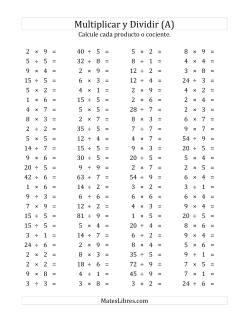 100 Preguntas Horizontales de Multiplicación y División (de 1 a 9)