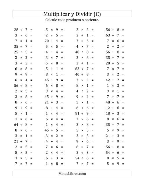 La hoja de ejercicios de 100 Preguntas Horizontales de Multiplicación y División (de 1 a 9) (C)