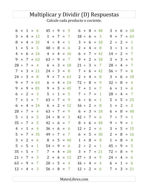 La hoja de ejercicios de 100 Preguntas Horizontales de Multiplicación y División (de 1 a 9) (D) Página 2