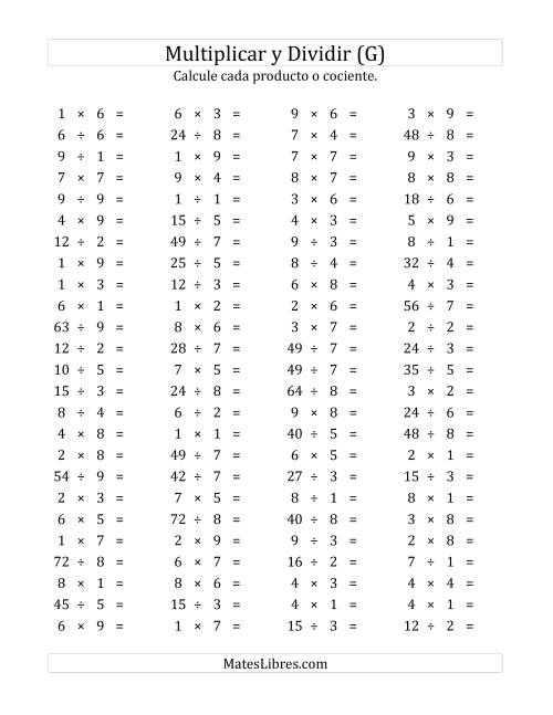 La hoja de ejercicios de 100 Preguntas Horizontales de Multiplicación y División (de 1 a 9) (G)