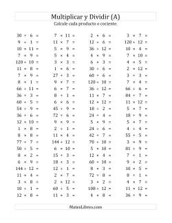 100 Preguntas Horizontales de Multiplicación y División (de 1 a 12)