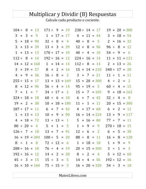 La hoja de ejercicios de 100 Preguntas Horizontales de Multiplicación y División (de 1 a 20) (B) Página 2