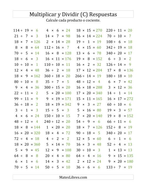 La hoja de ejercicios de 100 Preguntas Horizontales de Multiplicación y División (de 1 a 20) (C) Página 2