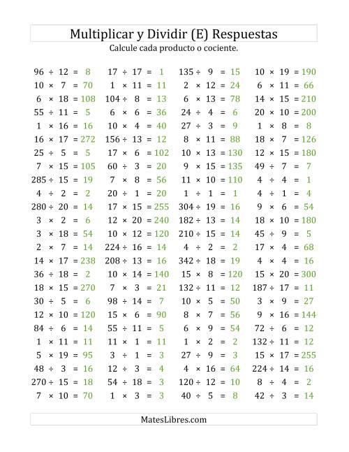 La hoja de ejercicios de 100 Preguntas Horizontales de Multiplicación y División (de 1 a 20) (E) Página 2