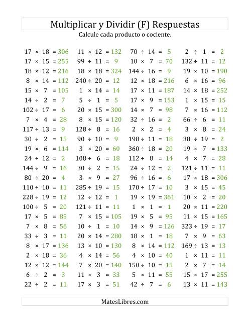 La hoja de ejercicios de 100 Preguntas Horizontales de Multiplicación y División (de 1 a 20) (F) Página 2