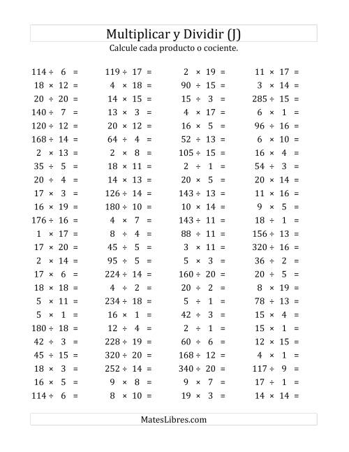 La hoja de ejercicios de 100 Preguntas Horizontales de Multiplicación y División (de 1 a 20) (J)