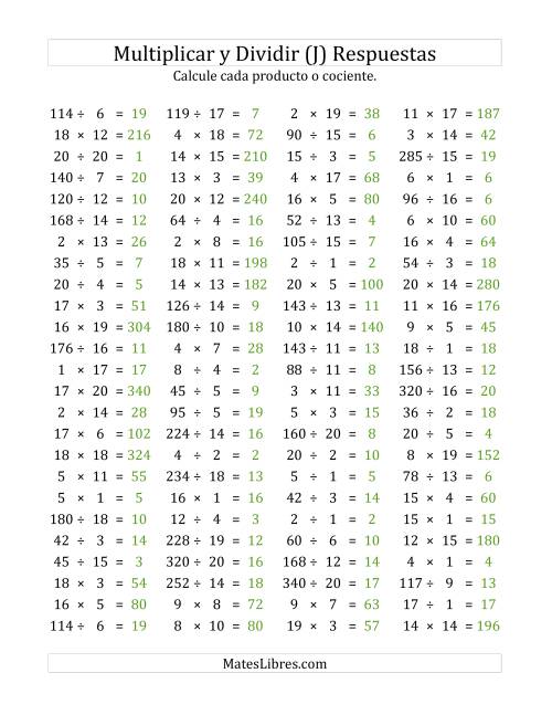 La hoja de ejercicios de 100 Preguntas Horizontales de Multiplicación y División (de 1 a 20) (J) Página 2