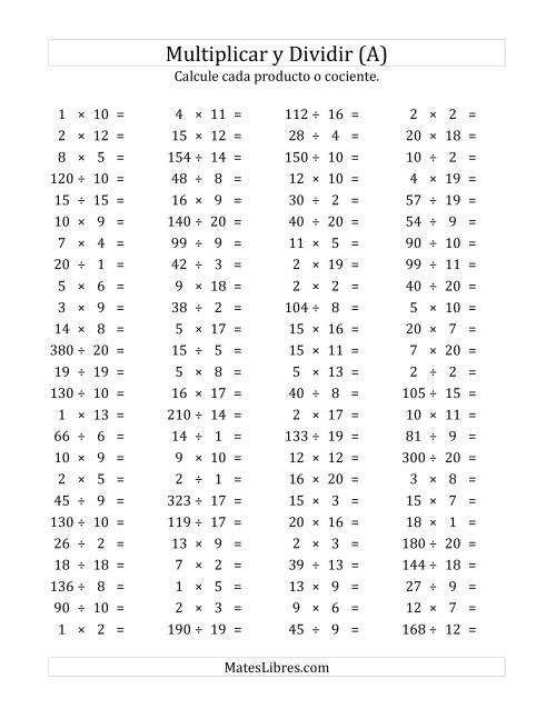 La hoja de ejercicios de 100 Preguntas Horizontales de Multiplicación y División (de 1 a 20) (Todas)