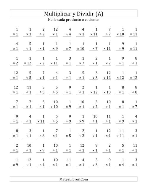 La hoja de ejercicios de Multiplicar y Dividir por 1 (A)