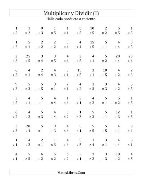 La hoja de ejercicios de Multiplicar y Dividir, Rango de 1 a 5 (I)
