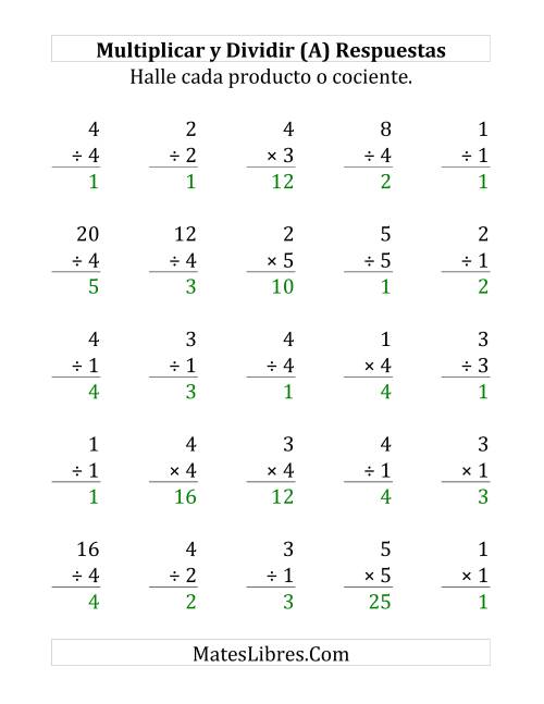 La hoja de ejercicios de Multiplicar y Dividir, Rango de 1 a 5 (Grande) Página 2