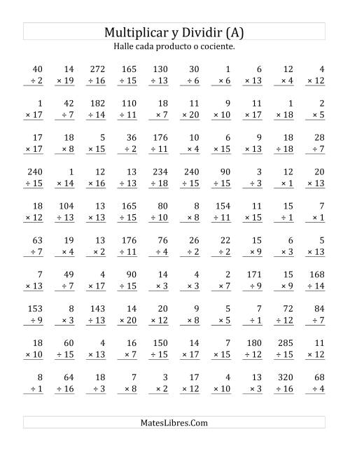 La hoja de ejercicios de Multiplicar y Dividir, Rango de 1 a 20 (A)