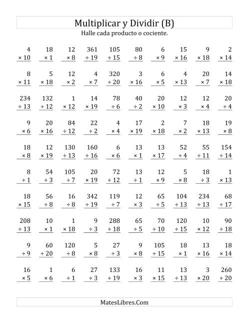 La hoja de ejercicios de Multiplicar y Dividir, Rango de 1 a 20 (B)