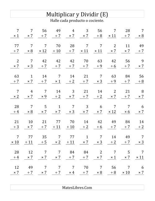 La hoja de ejercicios de Multiplicar y Dividir por 7 (E)