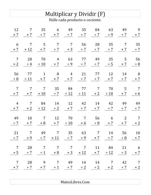 La hoja de ejercicios de Multiplicar y Dividir por 7 (F)