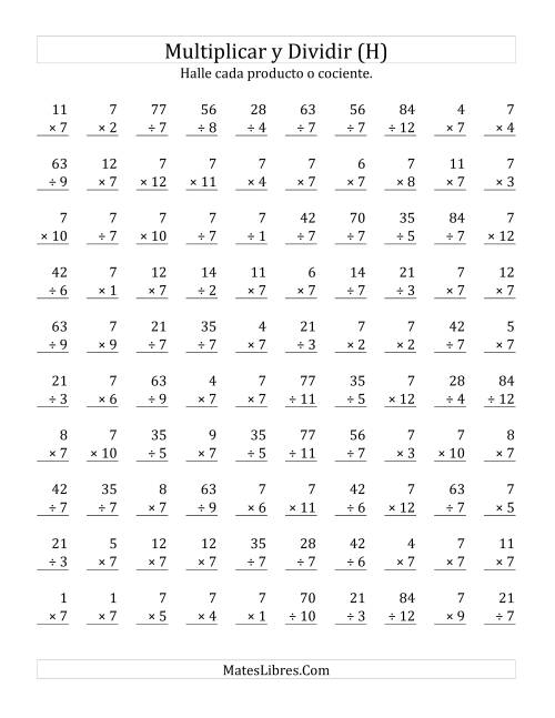 La hoja de ejercicios de Multiplicar y Dividir por 7 (H)