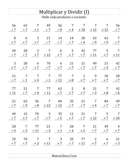 La hoja de ejercicios de Multiplicar y Dividir por 7 (I)