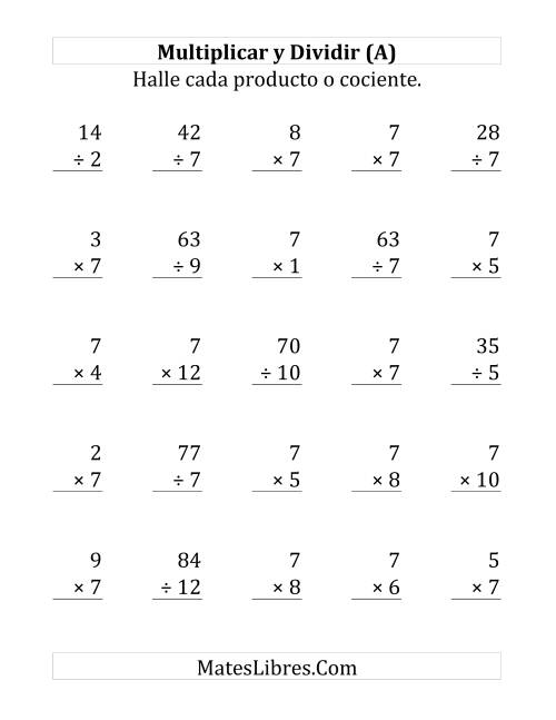 La hoja de ejercicios de Multiplicar y Dividir por 7 (Grande)