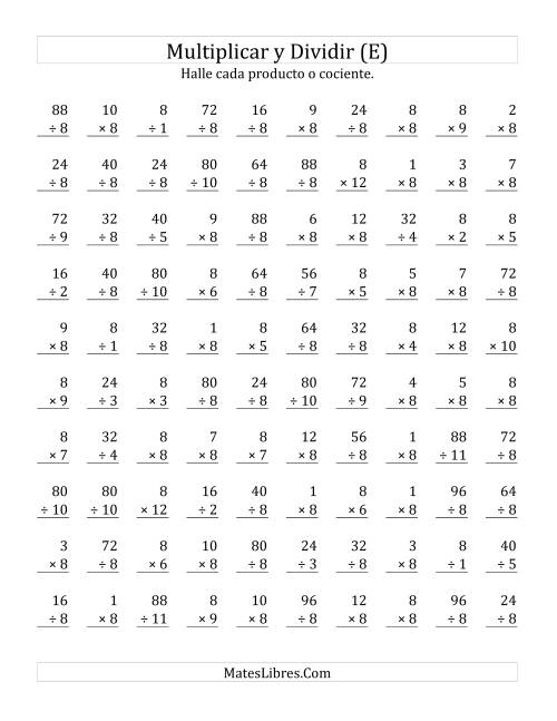 La hoja de ejercicios de Multiplicar y Dividir por 8 (E)