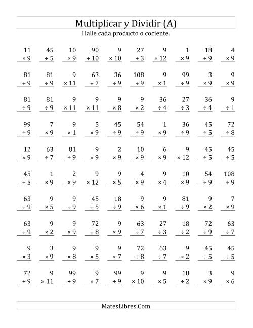 La hoja de ejercicios de Multiplicar y Dividir por 9 (A)
