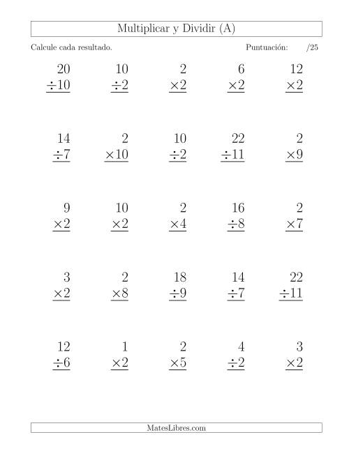 La hoja de ejercicios de Multiplicar y Dividir por 2, Formato Grande, 25 Ejercicios por Página (A)