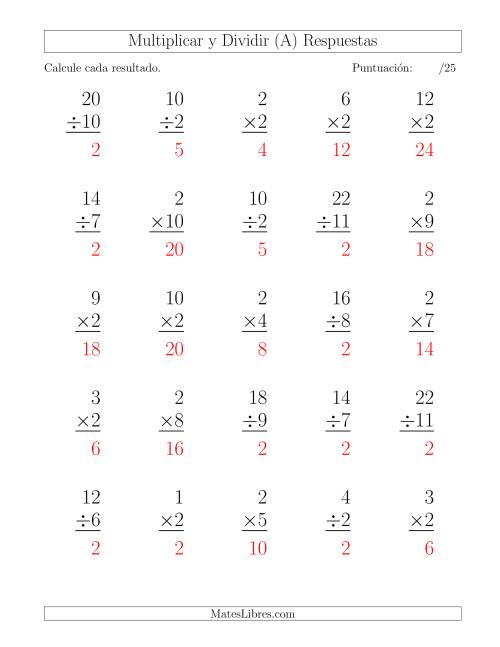 La hoja de ejercicios de Multiplicar y Dividir por 2, Formato Grande, 25 Ejercicios por Página (A) Página 2