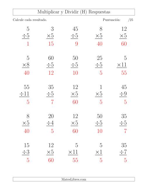 La hoja de ejercicios de Multiplicar y Dividir por 5, Formato Grande, 25 Ejercicios por Página (H) Página 2