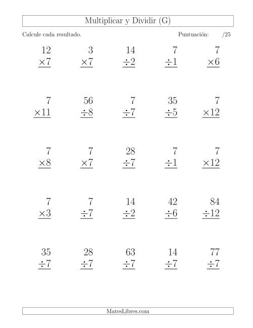 La hoja de ejercicios de Multiplicar y Dividir por 7, Formato Grande, 25 Ejercicios por Página (G)