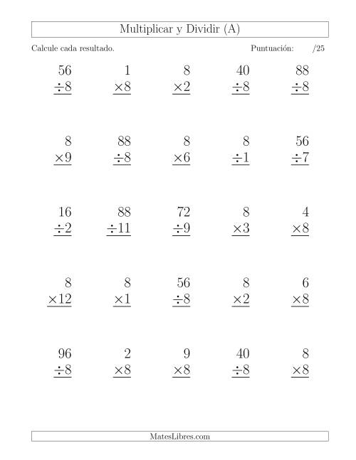 La hoja de ejercicios de Multiplicar y Dividir por 8, Formato Grande, 25 Ejercicios por Página (A)