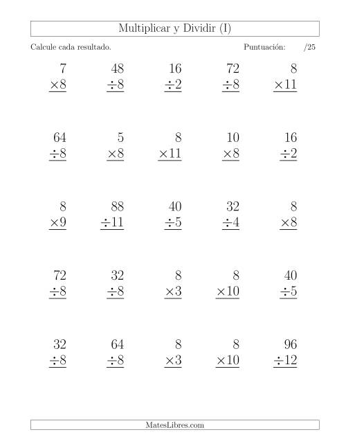 La hoja de ejercicios de Multiplicar y Dividir por 8, Formato Grande, 25 Ejercicios por Página (I)