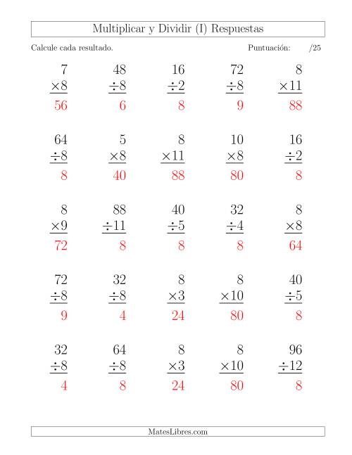 La hoja de ejercicios de Multiplicar y Dividir por 8, Formato Grande, 25 Ejercicios por Página (I) Página 2