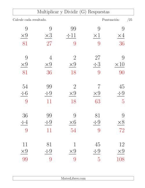 La hoja de ejercicios de Multiplicar y Dividir por 9, Formato Grande, 25 Ejercicios por Página (G) Página 2