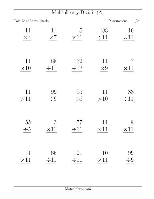 La hoja de ejercicios de Multiplicar y Dividir por 11, Formato Grande, 25 Ejercicios por Página (A)