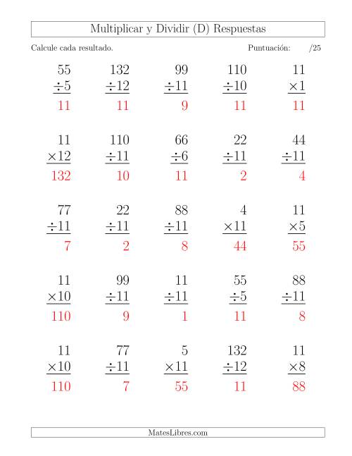 La hoja de ejercicios de Multiplicar y Dividir por 11, Formato Grande, 25 Ejercicios por Página (D) Página 2