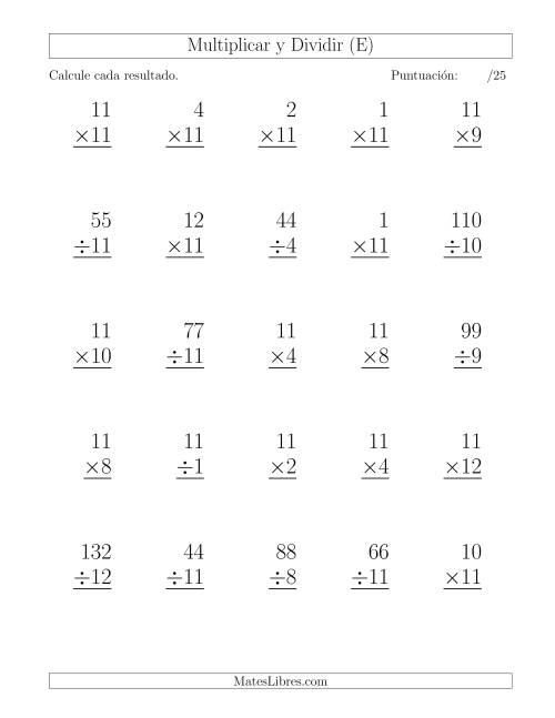 La hoja de ejercicios de Multiplicar y Dividir por 11, Formato Grande, 25 Ejercicios por Página (E)