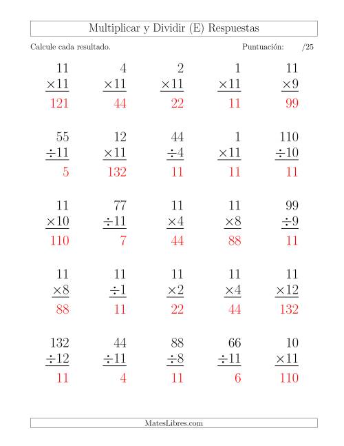 La hoja de ejercicios de Multiplicar y Dividir por 11, Formato Grande, 25 Ejercicios por Página (E) Página 2
